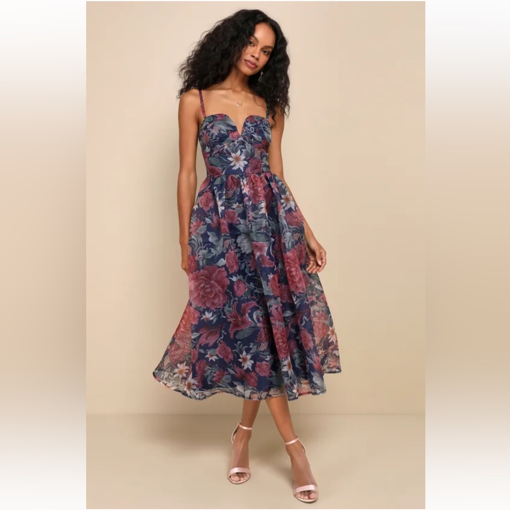 Lulu's Cherished Aura Navy Blue Floral Organza Bustier Midi Dress